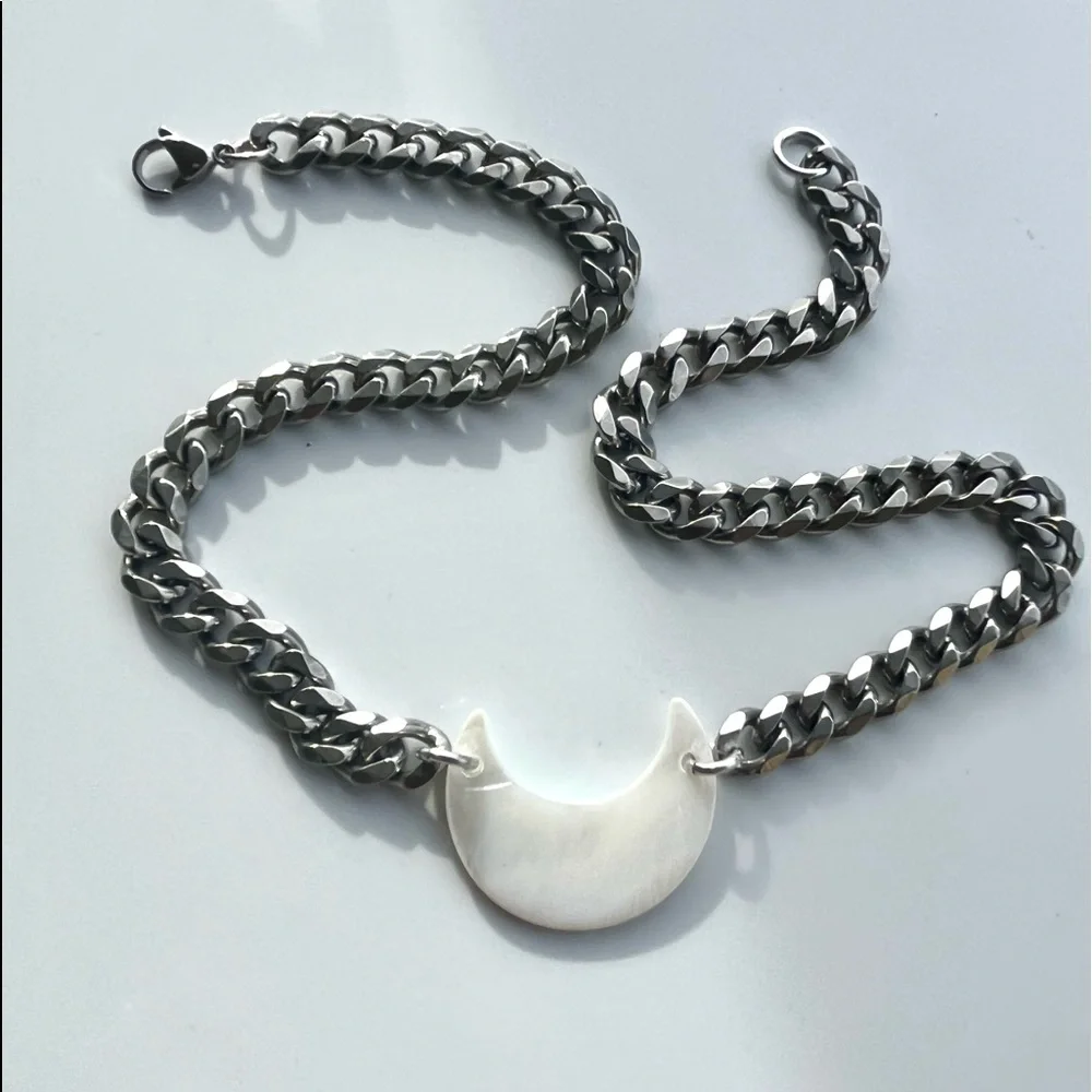Mother of pearl moon stainless steel cuban link thick choker necklace boho - Picture 5 of 16